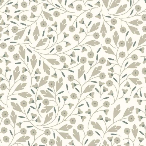 Tissu Popeline de Coton Sauge douce floral décoratif sur fond Ecru