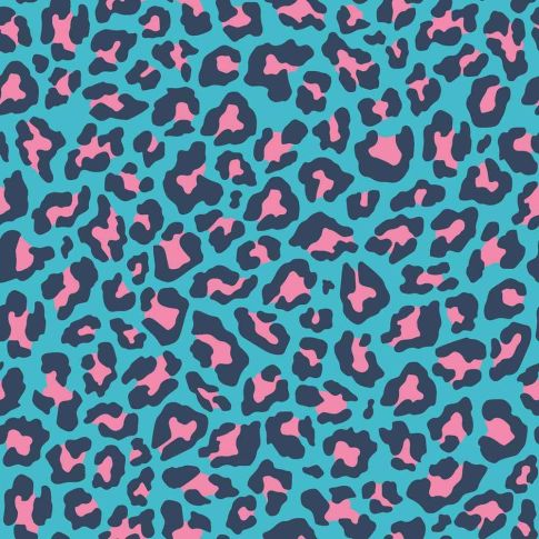 Tissu Popeline de Coton Léo Pop tacheté Léopard rose et bleu marine sur fond Bleu turquoise