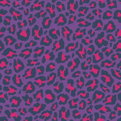 Tissu Popeline de Coton Léo Pop tacheté Léopard fuschia et bleu marine sur fond Violet