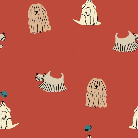 Tissu Popeline de Coton Pablo & Compagnie Petits Chiens sur fond Terracotta