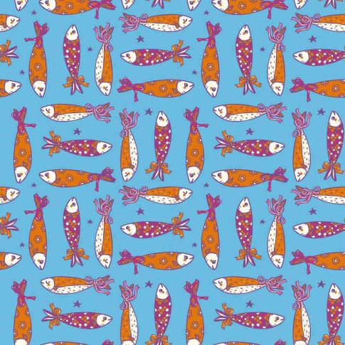 Tissu Popeline de Coton Sardines en Fête Poissons stylisés sur fond Bleu azur