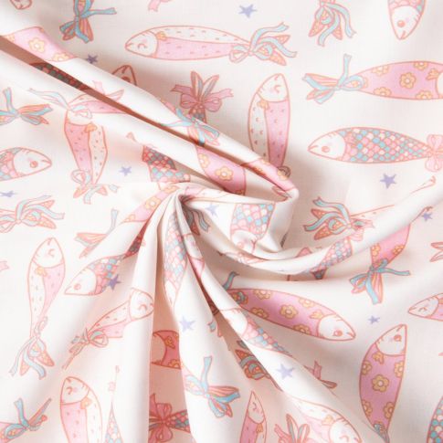 Tissu Coton imprimé Marie sardines Rose pastel sur fond Ecru