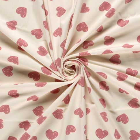 Tissu Jersey Coton imprimé Cœur tendre sur fond Rose pastel