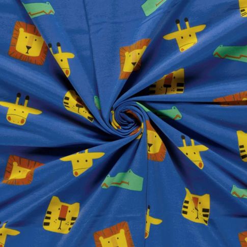 Tissu Jersey Coton imprimé Animaux du zoo sur fond Bleu roi