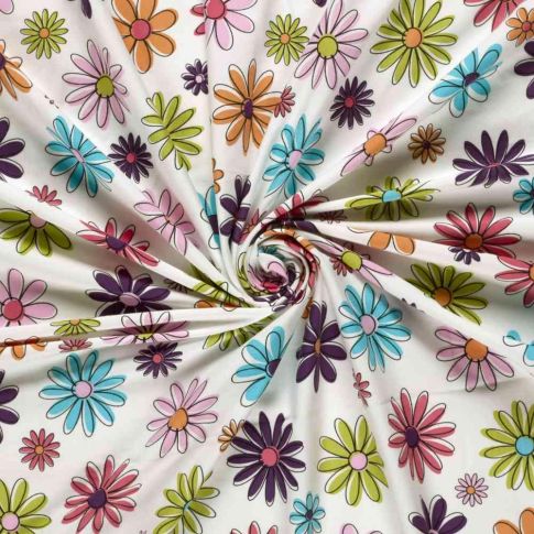 Tissu Jersey Coton imprimé Fleurs multico sur fond Ecru