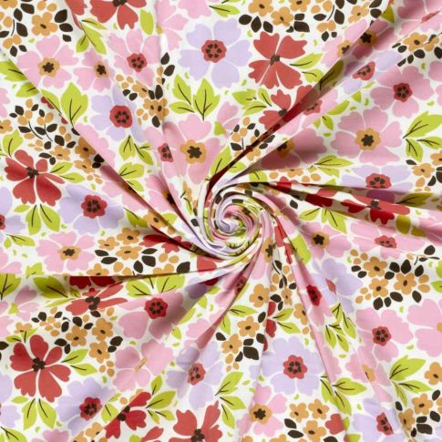 Tissu Jersey Coton imprimé Jardin fleuris sur fond Ecru