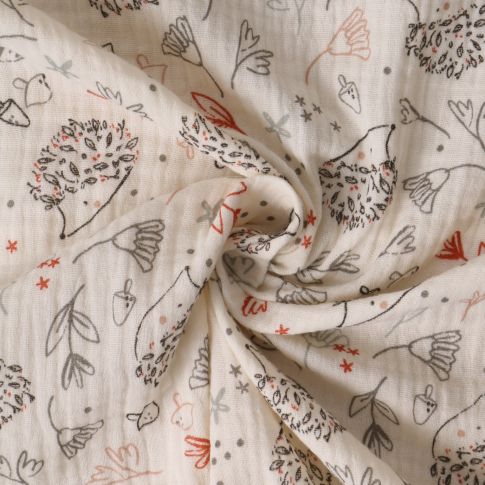 Tissu Double gaze de Coton Anatole hérissons Noirs sur fond Ecru