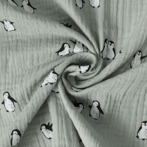 Tissu Double gaze de Coton Polaris pingouins sur fond Vert d'eau
