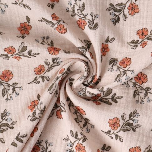 Tissu Double gaze de Coton Maëlysanne fleurs Oranges