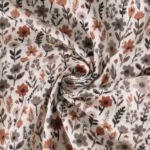 Tissu Double gaze de Coton Sibylle fleurs Rouille sur fond Blanc