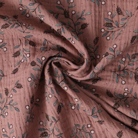 Tissu Double gaze de Coton Aurélie feuillage vert sur fond Brun