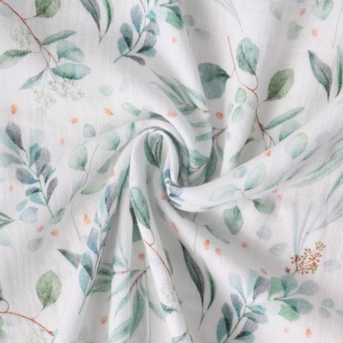 Tissu Double gaze de Coton Ysée feuillage Vert sur fond Blanc