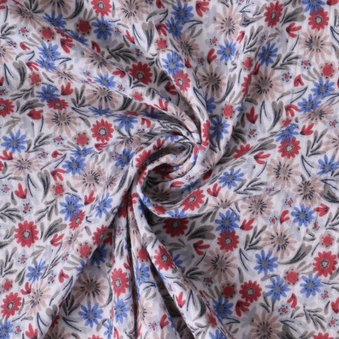 Tissu Double gaze de Coton Alméria fleurs Bleues et Rouges sur fond Blanc