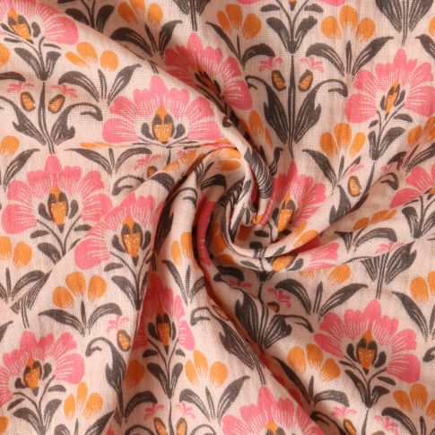 Tissu Double gaze de Coton Capucine fleurs Roses sur fond Beige