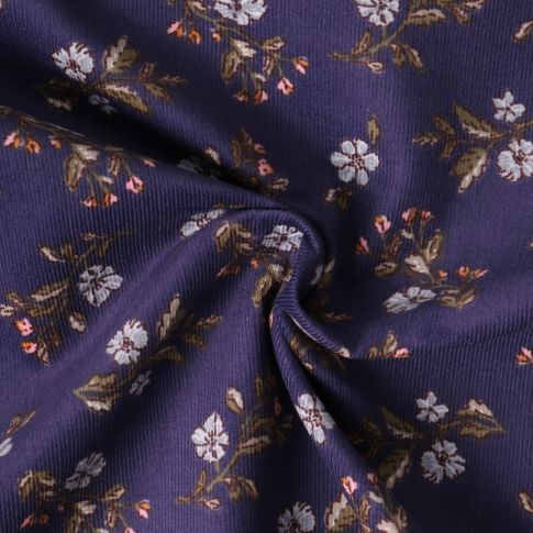 Tissu Velours Côtelé  Éléane fleurs Blanches sur fond Violet foncé