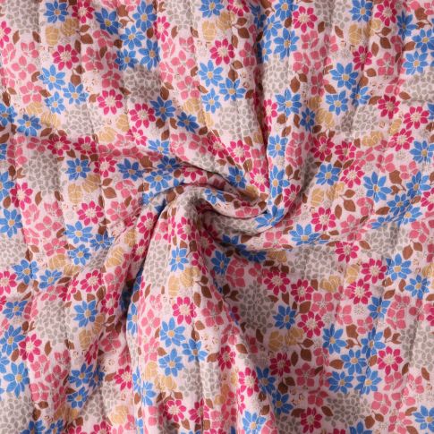 Tissu Double gaze Matelassé réversible  Camille fleurs bleues sur fond Vieux rose
