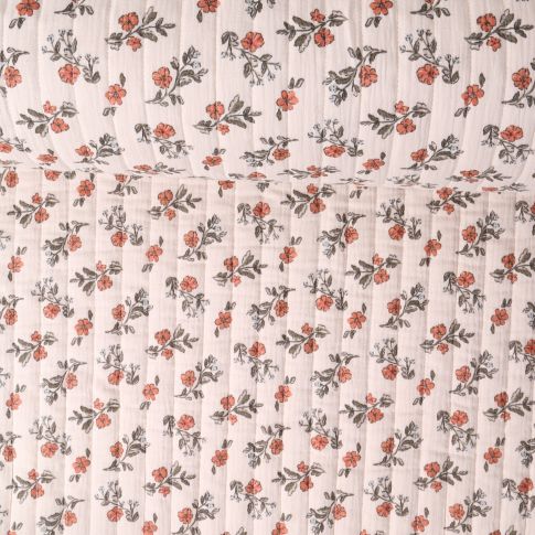 Tissu Double gaze Matelassé réversible  Lina fleurs oranges sur fond Beige
