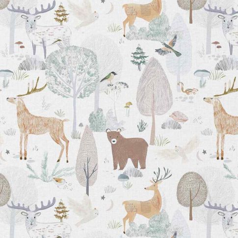 Tissu Popeline de Coton  Foret de Brocéliande sur fond Blanc