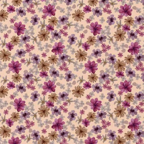 Tissu Coton imprimé Aurore fleurs Violettes sur fond Rose nude