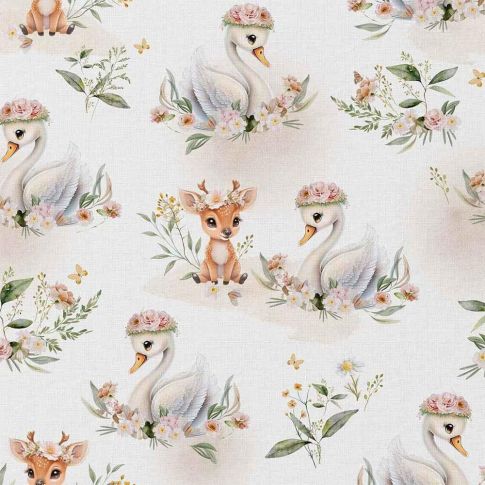 Tissu Coton imprimé Isaline  faons et cygnes sur fond Blanc cassé