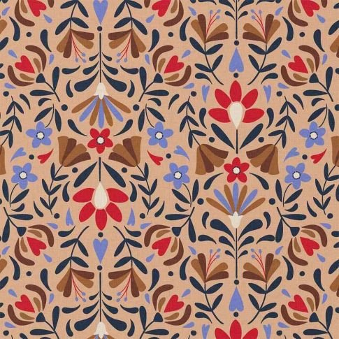 Tissu Coton imprimé Amalia fleurs Rouges et Violettes sur fond Beige nougat