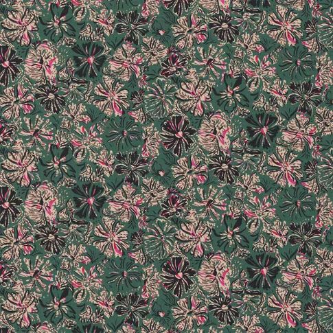 Tissu Coton imprimé Evelina fleurs Fuchsia sur fond Vert foncé