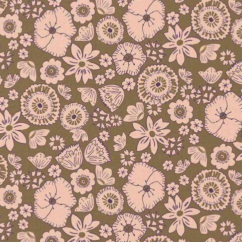 Tissu Coton imprimé Lucinda fleurs Rose poudré sur fond Marron noix