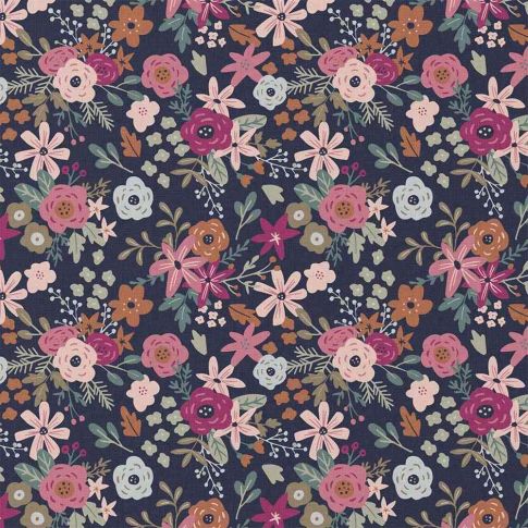 Tissu Coton imprimé Amadora fleurs Roses sur fond Bleu nuit