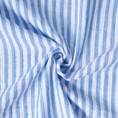 Tissu Double gaze de Coton Gipsy Rayé Bleu ciel sur fond Blanc