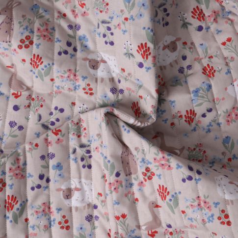 Tissu Matelassé Coton réversible  La Prairie Enchanté sur fond Vieux rose