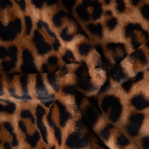 Tissu Fausse fourrure Léna léopard Noir sur fond Caramel