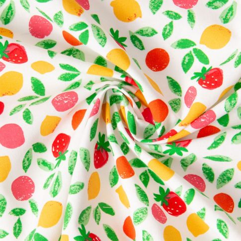 Tissu Coton imprimé Arty Navel Fraises, Citrons, Oranges sur fond Blanc