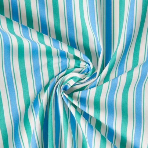 Tissu Coton imprimé Arty Lydia rayures Vert jade et Bleu ciel sur fond Blanc
