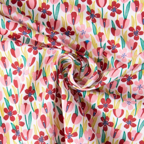 Tissu Coton imprimé Arty Gigi champs fleurs Rose et Marron sur fond Blanc
