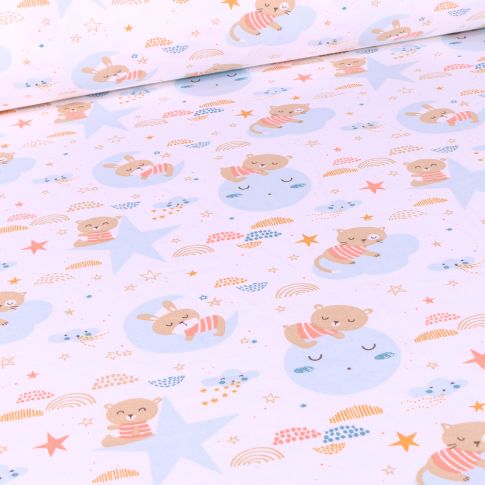 Tissu Jersey Coton Arty Oursons et lunes sur fond Blanc