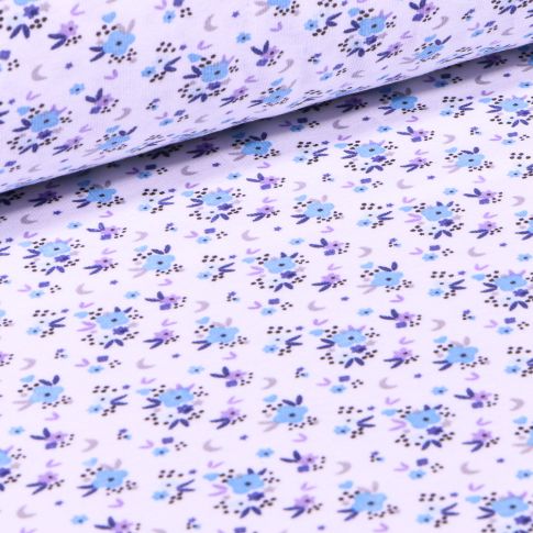 Tissu Jersey Coton Rosy bleu sur fond Blanc