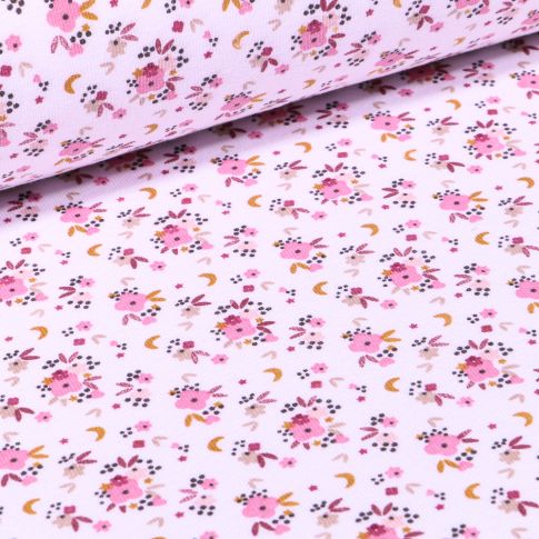 Tissu Jersey Coton Rosy sur fond Blanc
