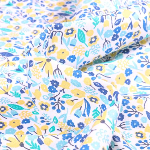 Tissu Coton imprimé Arty Alice bleu sur fond Blanc
