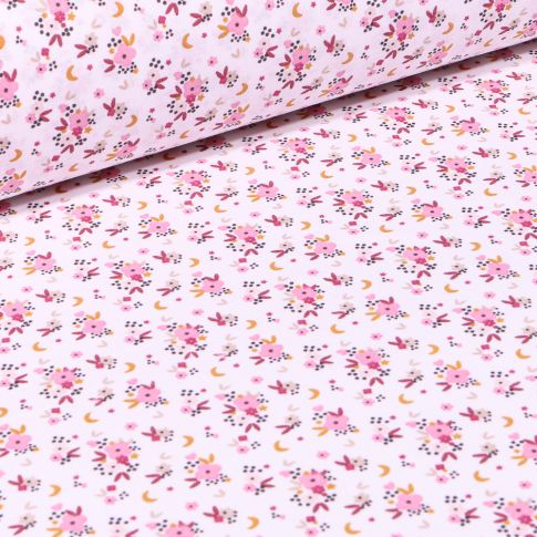 Tissu Coton imprimé Arty Rosy sur fond Ecru