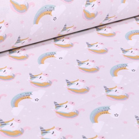 Tissu Coton imprimé Arty Licornes et arc en ciel pastel sur fond Blanc