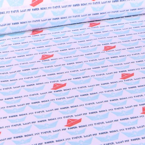 Tissu Coton imprimé Arty Bateaux en papier Bleu ciel et orange sur fond Blanc