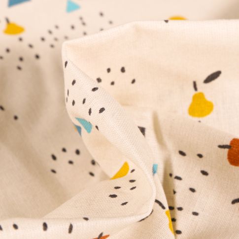 Tissu Coton imprimé Arty Poires et petits pois sur fond Blanc cassé