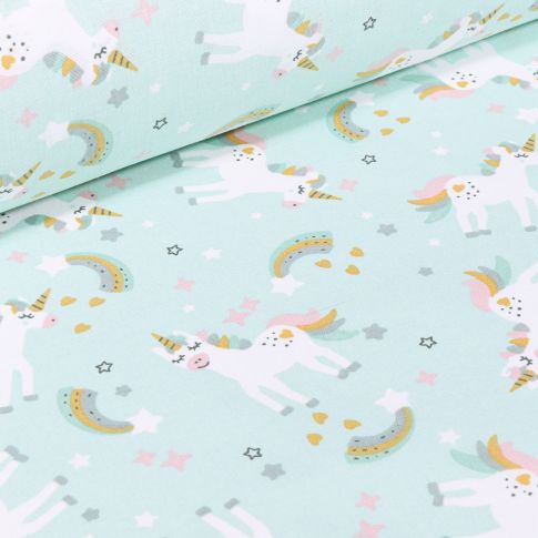 Tissu Coton imprimé Arty Licornes Rainbow sur fond Vert menthe clair