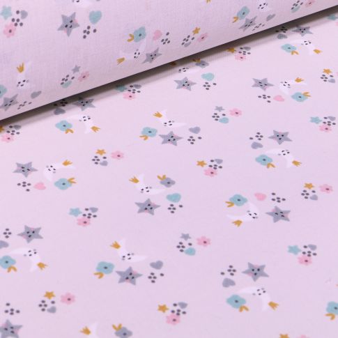 Tissu Coton imprimé Arty Mini lunes étoiles et fleurs sur fond Gris clair