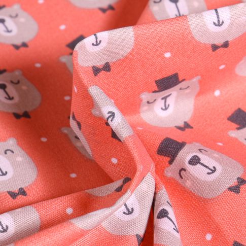 Tissu Coton imprimé Arty Ours gentleman sur fond Corail