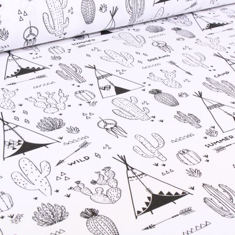 Tissu Coton à colorier Arty Cactus sur fond Blanc
