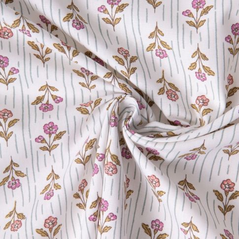 Tissu Coton imprimé Arty Fleuris rayé Aesa sur fond Ecru