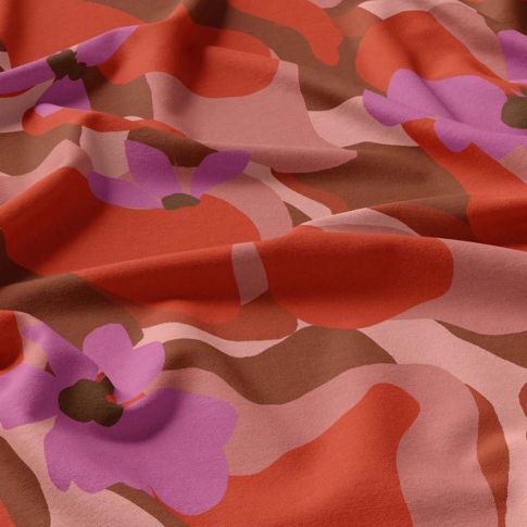 Tissu Viscose imprimé Animel rouge et violet sur fond Marron clair