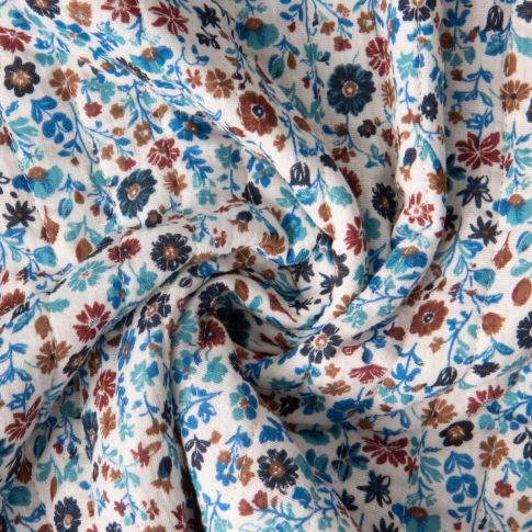 Tissu Double gaze de Coton Matelassé réversible Fleuris Aryada sur fond Ecru
