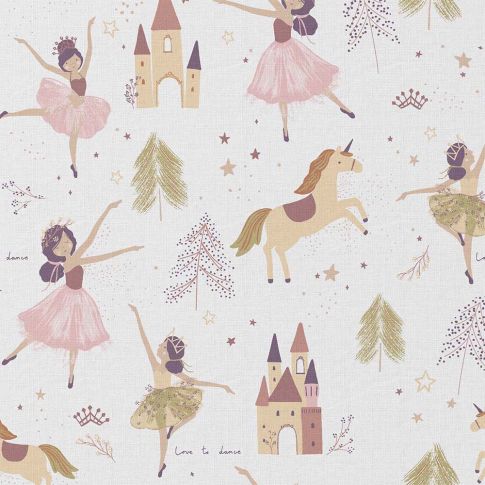 Tissu Coton imprimé Arty Astrid licornes et princesses sur fond Blanc